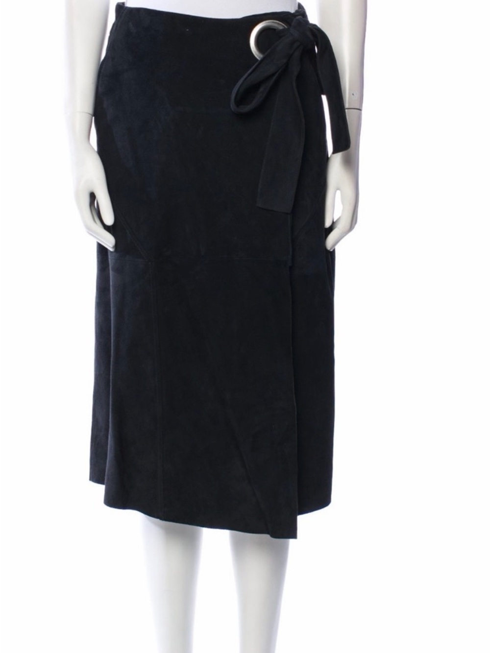 Tibi Black Suede Wrap Midi Skirt with Silver Ring Size 8 (Medium)